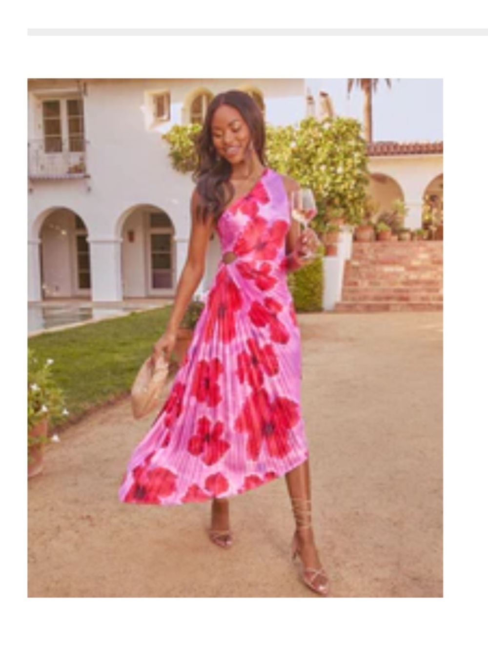 Vici One-Shoulder Pink Dress with Red Floral Print